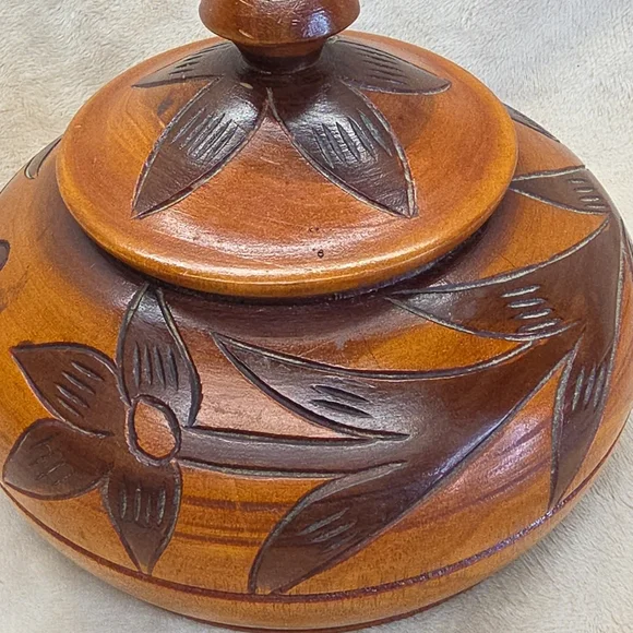 VTG Carved Wood Trinket Box Floral Round with Lid  Rustic Home Decor Dark Brown - Picture 5 of 12